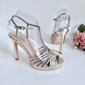 BADGLEY MISCHKA Angelica Metallic Nappa Leather T-Strap High Heel Sandals